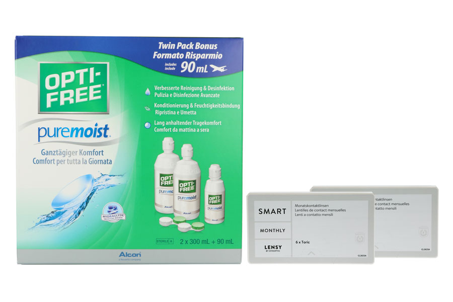 Lensy Monthly Smart Toric 2 x 6 Monatslinsen + Opti Free Pure Moist Halbjahres-Sparpaket