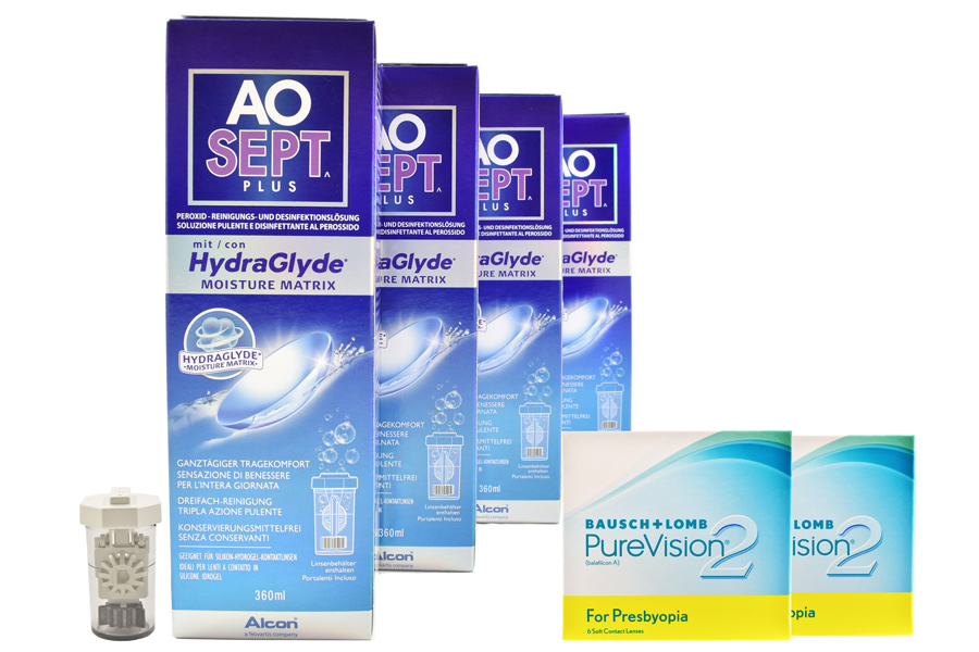 Pure Vision 2 HD For Presbyopia 2 x 6 Monatslinsen + AoSept Plus HydraGlyde Halbjahres-Sparpaket