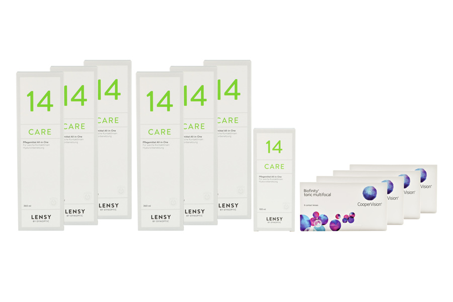 Biofinity toric multifocal 4 x 6 Monatslinsen + Lensy Care 14 Jahres-Sparpaket