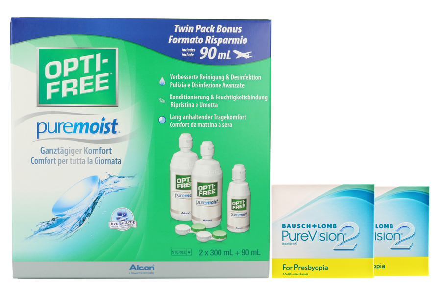 Pure Vision 2 HD For Presbyopia 2 x 6 Monatslinsen + Opti Free Pure Moist Halbjahres-Sparpaket