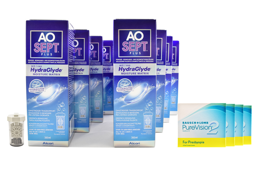 Pure Vision 2 HD For Presbyopia 4 x 6 Monatslinsen + AoSept Plus HydraGlyde Jahres-Sparpaket