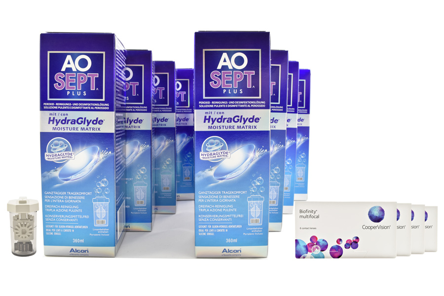 Biofinity multifocal 4 x 6 Monatslinsen + AoSept Plus HydraGlyde Jahres-Sparpaket