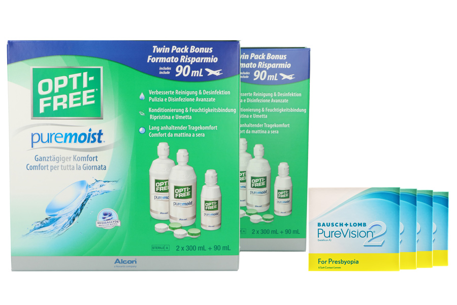 Pure Vision 2 HD For Presbyopia 4 x 6 Monatslinsen + Opti Free Pure Moist Jahres-Sparpaket