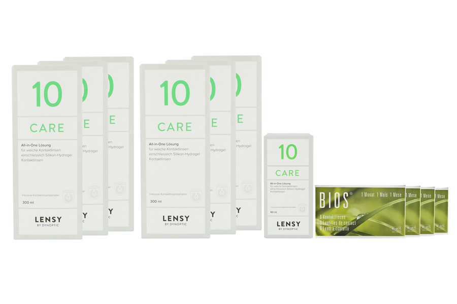 Sparpakete Kontaktlinsen mit Linsenmitteln Bios 1-Monat 4 x 6 Monatslinsen + Lensy Care 10 Jahres-Sparpaket