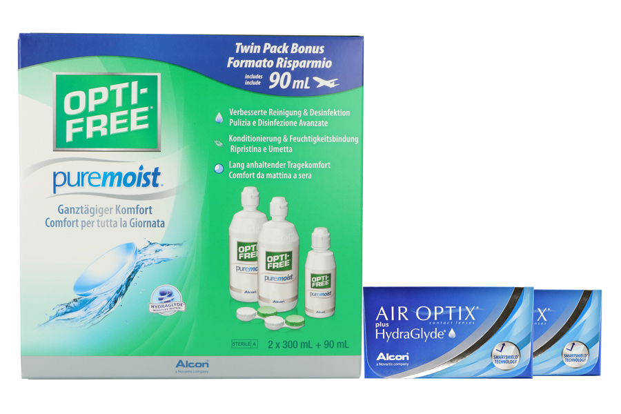 Sparpakete Kontaktlinsen mit Linsenmitteln Air Optix plus HydraGlyde 2 x 6 Monatslinsen + Opti Free Pure Moist Halbjahres-Sparpaket