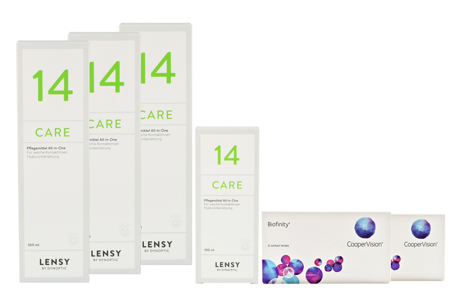 Sparpakete Kontaktlinsen mit Linsenmitteln Biofinity 2 x 6 Monatslinsen + Lensy Care 14 Halbjahres-Sparpaket
