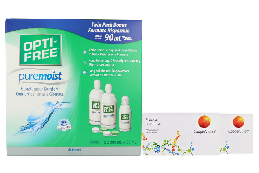 Sparpakete Kontaktlinsen mit Linsenmitteln Proclear Multifocal 2 x 6 Monatslinsen + Opti Free Pure Moist Halbjahres-Sparpaket