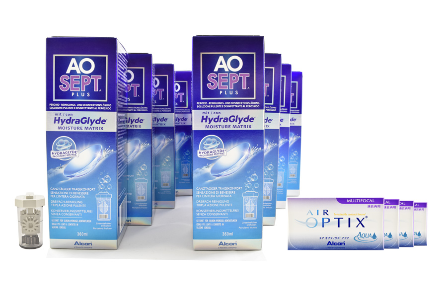 Sparpakete Kontaktlinsen mit Linsenmitteln Air Optix Multifocal 4 x 6 Monatslinsen + Aosept Plus HydraGlyde Jahres-Sparpaket