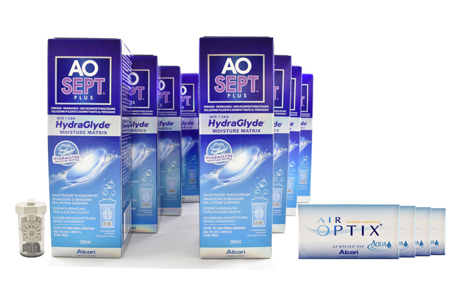 Sparpakete Kontaktlinsen mit Linsenmitteln Air Optix Aqua 4 x 6 Monatslinsen + AoSept Plus HydraGlyde Jahres-Sparpaket