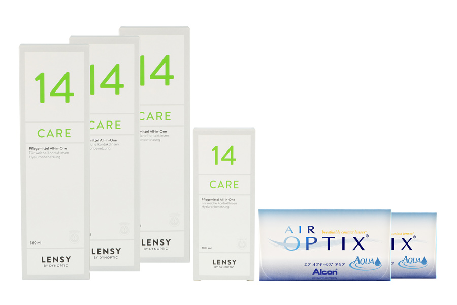 Sparpakete Kontaktlinsen mit Linsenmitteln Air Optix Aqua 2 x 6 Monatslinsen + Lensy Care 14 Halbjahres-Sparpaket