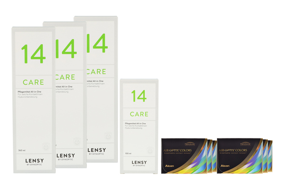 Sparpakete Kontaktlinsen mit Linsenmitteln Air Optix Colors 6 x 2 farbige Monatslinsen + Lensy Care 14 Halbjahres-Sparpaket