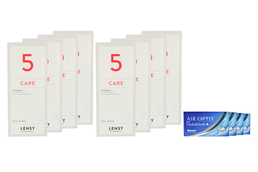 Sparpakete Kontaktlinsen mit Linsenmitteln Air Optix plus HydraGlyde 4 x 6 Monatslinsen + Lensy Care 5 Jahres-Sparpaket