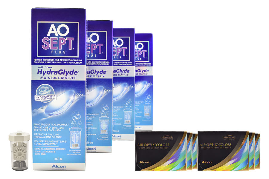 Sparpakete Kontaktlinsen mit Linsenmitteln Air Optix Colors 6 x 2 farbige Monatslinsen + AoSept Plus HydraGlyde Halbjahres-Sparpaket