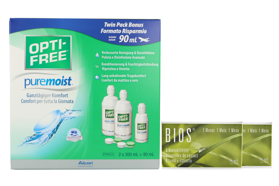 Sparpakete Kontaktlinsen mit Linsenmitteln Bios 1-Monat 2 x 6 Monatslinsen + Opti Free Pure Moist Halbjahres-Sparpaket