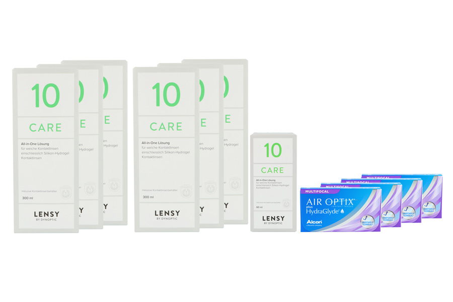 Sparpakete Kontaktlinsen mit Linsenmitteln Air Optix plus HydraGlyde Multifocal 4 x 6 Monatslinsen + Lensy Care 10 Jahres-Sparpaket