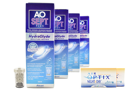 Sparpakete Kontaktlinsen mit Linsenmitteln Air Optix Night & Day Aqua 2 x 6 Monatslinsen + AoSept Plus HydraGlyde Halbjahres-Sparpaket