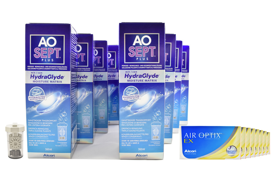 Sparpakete Kontaktlinsen mit Linsenmitteln Air Optix EX 8 x 3 Monatslinsen + Aosept Plus HydraGlyde Jahres-Sparpaket