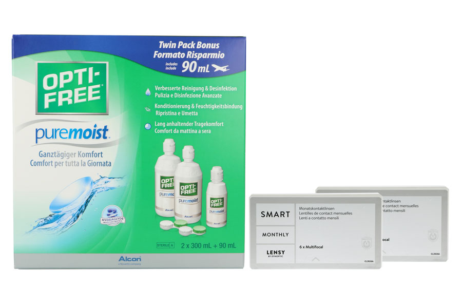 Sparpakete Kontaktlinsen mit Linsenmitteln Lensy Monthly Smart Multifocal 2 x 6 Monatslinsen + Opti Free Pure Moist Halbjahres-Sparpaket