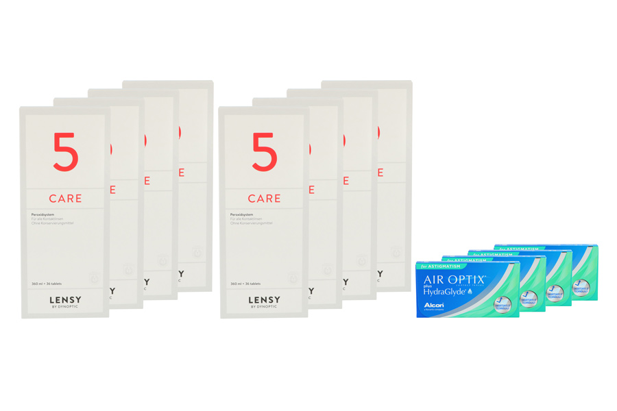 Sparpakete Kontaktlinsen mit Linsenmitteln Air Optix plus HydraGlyde for Astigmatism 4 x 6 Monatslinsen + Lensy Care 5 Jahres-Sparpaket