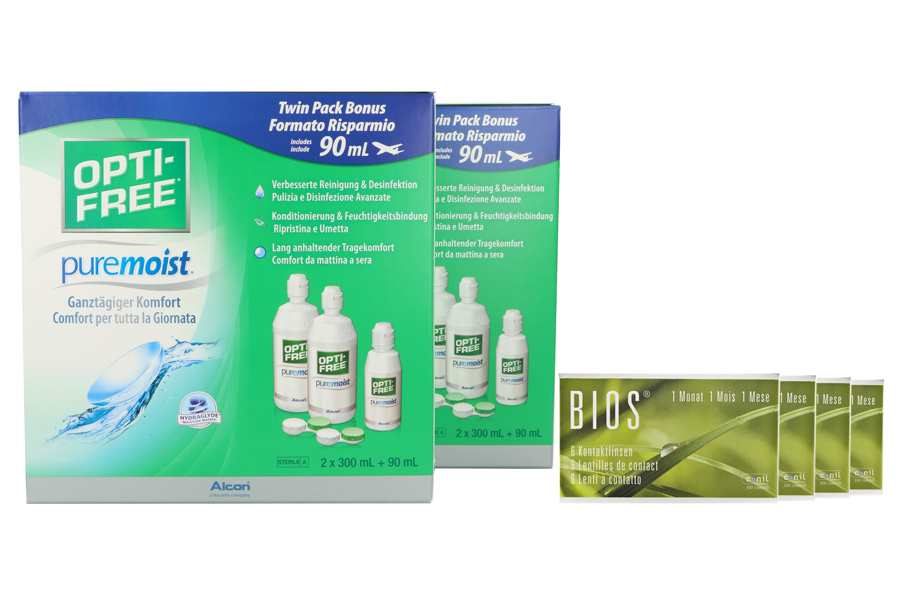 Sparpakete Kontaktlinsen mit Linsenmitteln Bios 1-Monat 4 x 6 Monatslinsen + Opti Free Pure Moist Jahres-Sparpaket