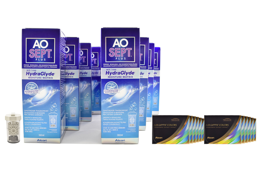 Sparpakete Kontaktlinsen mit Linsenmitteln Air Optix Colors 12 x 2 farbige Monatslinsen + AoSept Plus HydraGlyde Jahres-Sparpaket