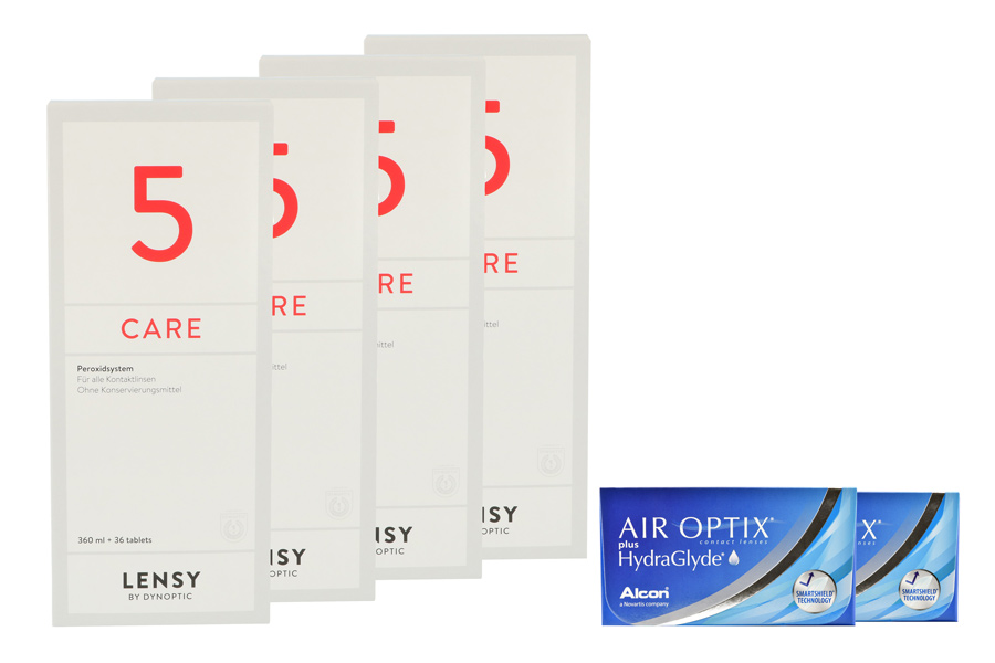 Sparpakete Kontaktlinsen mit Linsenmitteln Air Optix plus HydraGlyde 2 x 6 Monatslinsen + Lensy Care 5 Halbjahres-Sparpaket