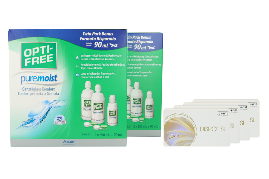 Sparpakete Kontaktlinsen mit Linsenmitteln Dispo SL 4 x 6 Monatslinsen + Opti Free Pure Moist Jahres-Sparpaket