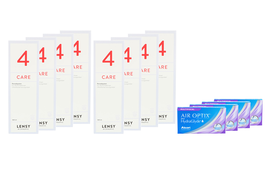 Sparpakete Kontaktlinsen mit Linsenmitteln Air Optix plus HydraGlyde Multifocal 4 x 6 Monatslinsen + Lensy Care 4 Jahres-Sparpaket