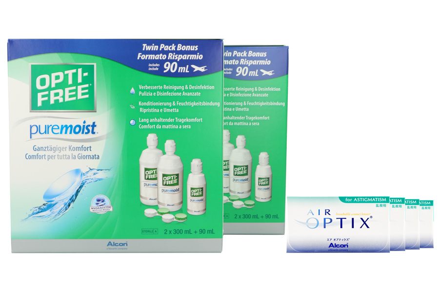 Sparpakete Kontaktlinsen mit Linsenmitteln Air Optix for Astigmatism 4 x 6 Monatslinsen + Opti Free Pure Moist Jahres-Sparpaket
