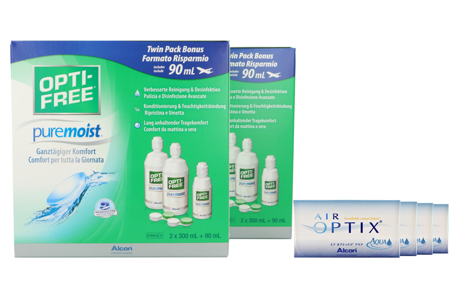 Sparpakete Kontaktlinsen mit Linsenmitteln Air Optix Aqua 4 x 6 Monatslinsen + Opti Free Pure Moist Jahres-Sparpaket