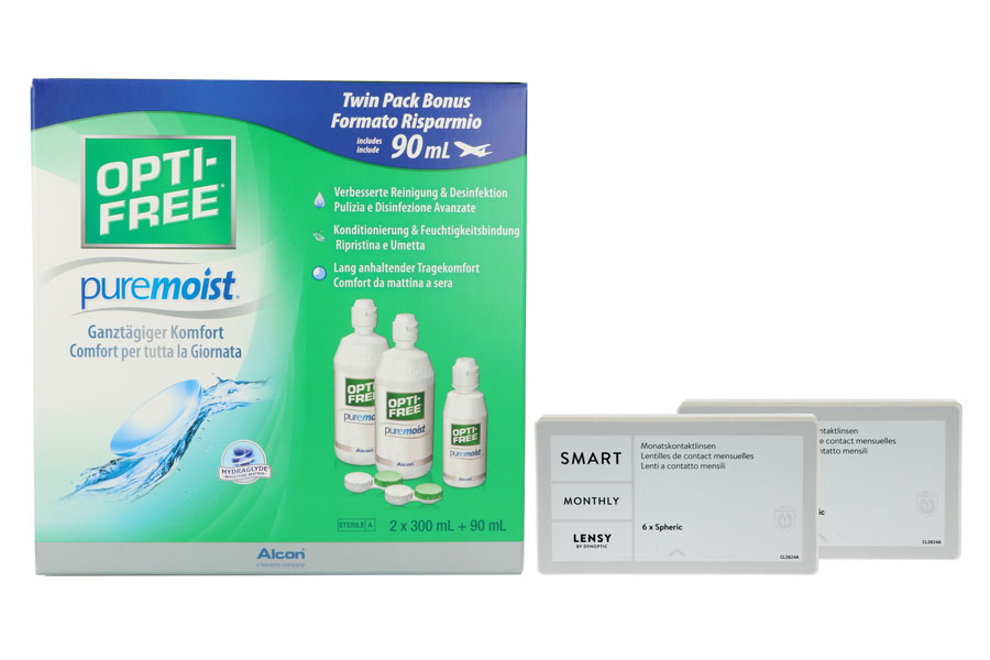 Sparpakete Kontaktlinsen mit Linsenmitteln Lensy Monthly Smart Spheric 2 x 6 Monatslinsen + Opti Free Pure Moist Halbjahres-Sparpaket