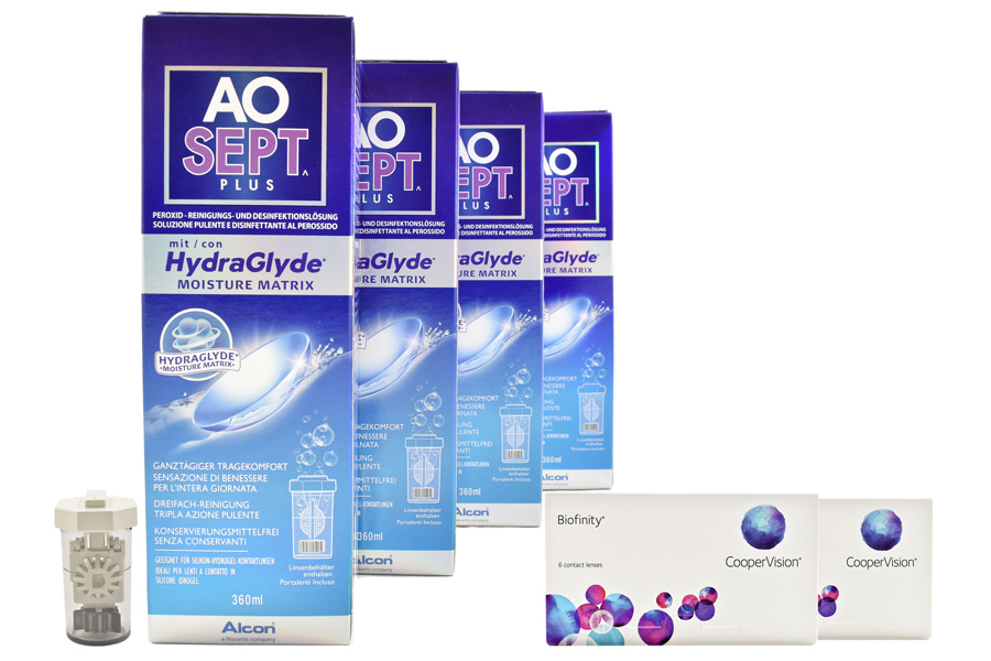 Sparpakete Kontaktlinsen mit Linsenmitteln Biofinity 2 x 6 Monatslinsen + AoSept Plus HydraGlyde Halbjahres-Sparpaket