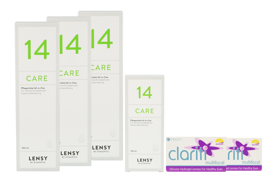 Sparpakete Kontaktlinsen mit Linsenmitteln Clariti Multifocal 2 x 6 Monatslinsen + Lensy Care 14 Halbjahres-Sparpaket