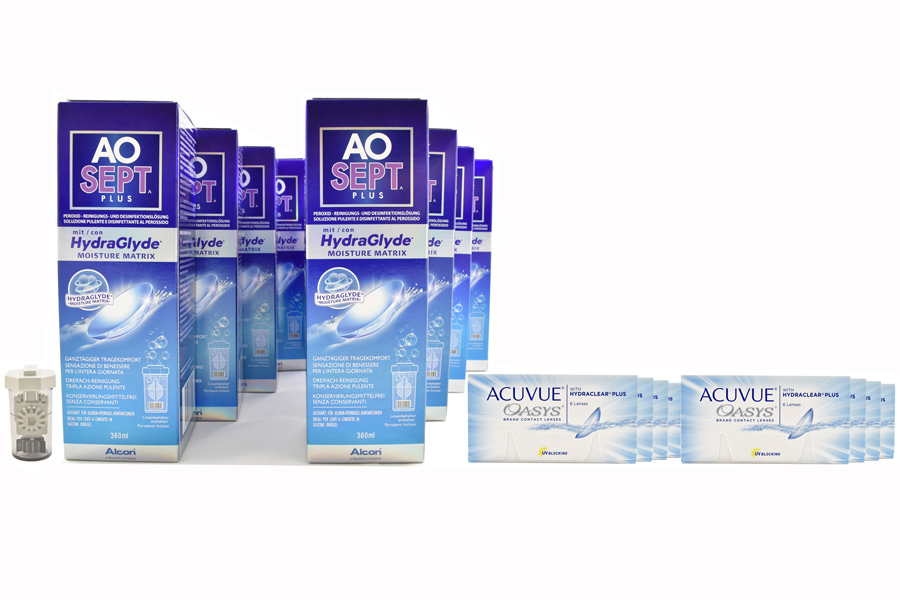 Sparpakete Kontaktlinsen mit Linsenmitteln Acuvue Oasys 8 x 6 Zwei-Wochenlinsen + AoSept Plus HydraGlyde Jahres-Sparpaket