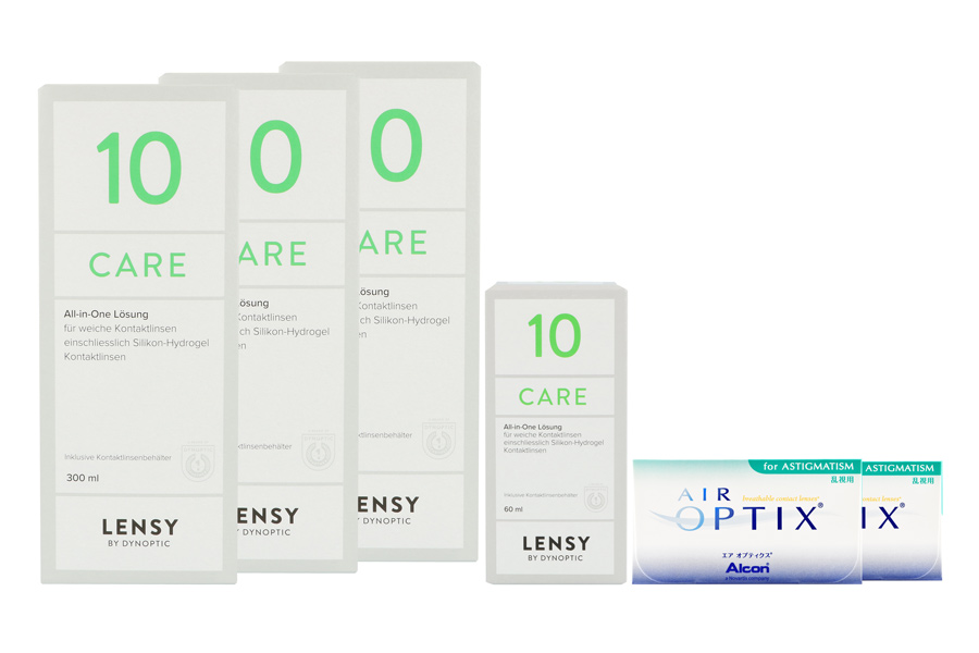 Sparpakete Kontaktlinsen mit Linsenmitteln Air Optix for Astigmatism 2 x 6 Monatslinsen + Lensy Care 10 Halbjahres-Sparpaket