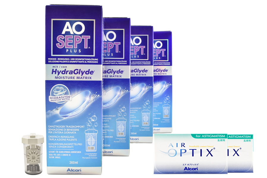 Sparpakete Kontaktlinsen mit Linsenmitteln Air Optix for Astigmatism 2 x 6 Monatslinsen + AoSept Plus HydraGlyde Halbjahres-Sparpaket