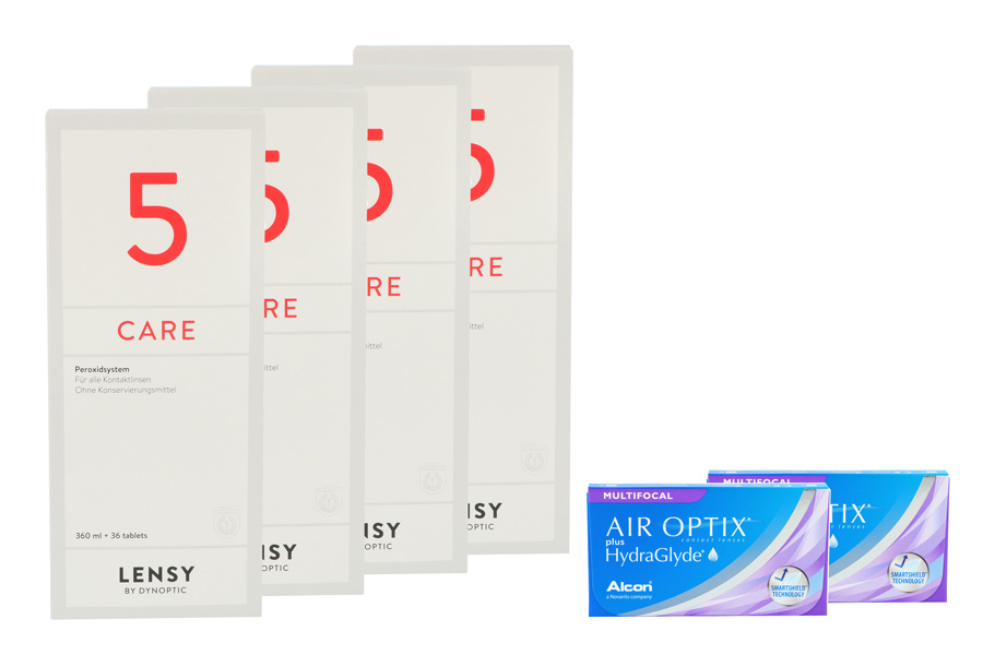Sparpakete Kontaktlinsen mit Linsenmitteln Air Optix plus HydraGlyde Multifocal 2 x 6 Monatslinsen + Lensy Care 5 Halbjahres-Sparpaket