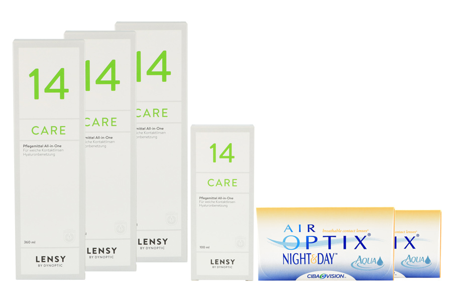 Sparpakete Kontaktlinsen mit Linsenmitteln Air Optix Night & Day Aqua 2 x 6 Monatslinsen + Lensy Care 14 Halbjahres-Sparpaket