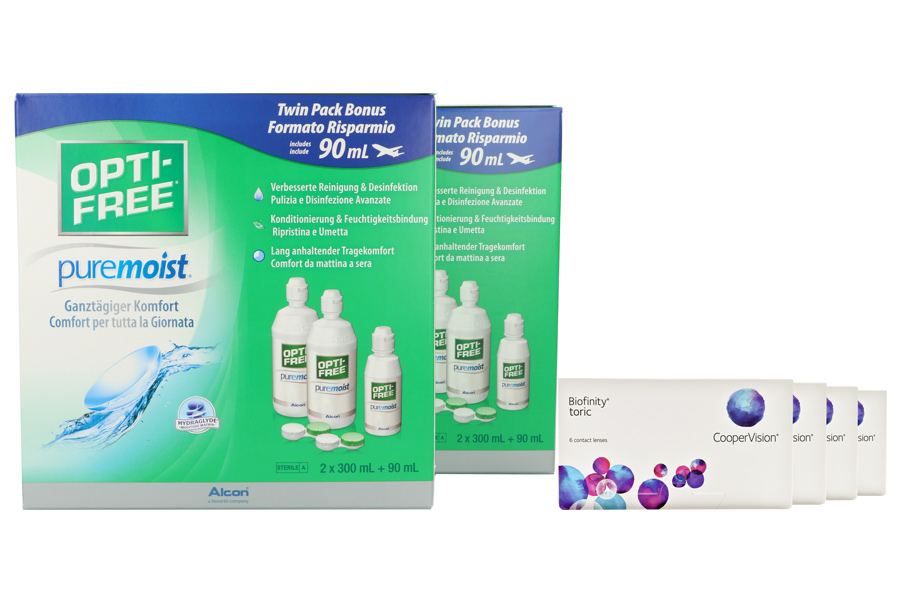 Sparpakete Kontaktlinsen mit Linsenmitteln Biofinity toric 4 x 6 Monatslinsen + Opti Free Pure Moist Jahres-Sparpaket