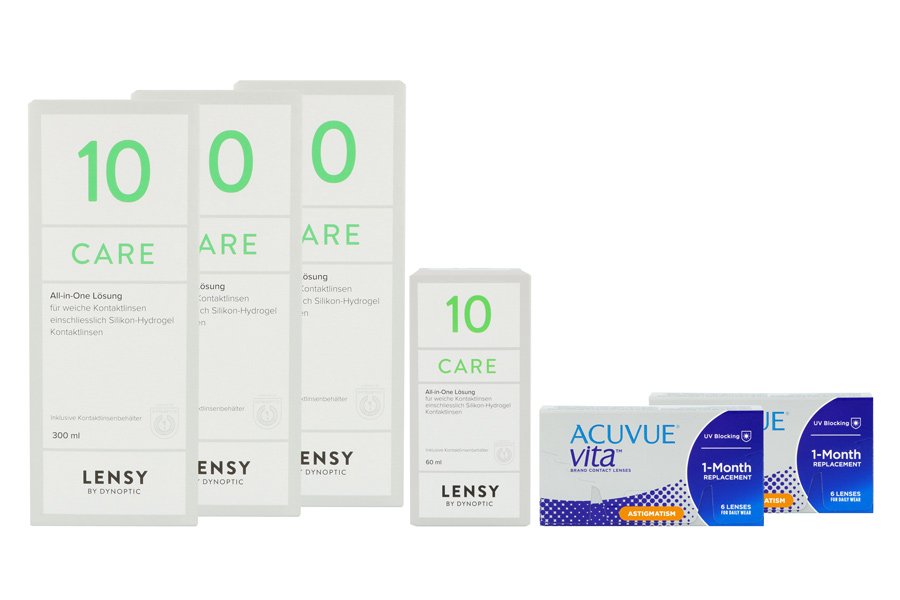 Sparpakete Kontaktlinsen mit Linsenmitteln Acuvue Vita for Astigmatism 2 x 6 Monatslinsen + Lensy Care 10 Halbjahres-Sparpaket