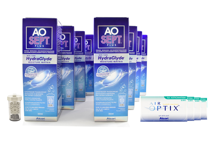 Sparpakete Kontaktlinsen mit Linsenmitteln Air Optix for Astigmatism 4 x 6 Monatslinsen + AoSept Plus HydraGlyde Jahres-Sparpaket