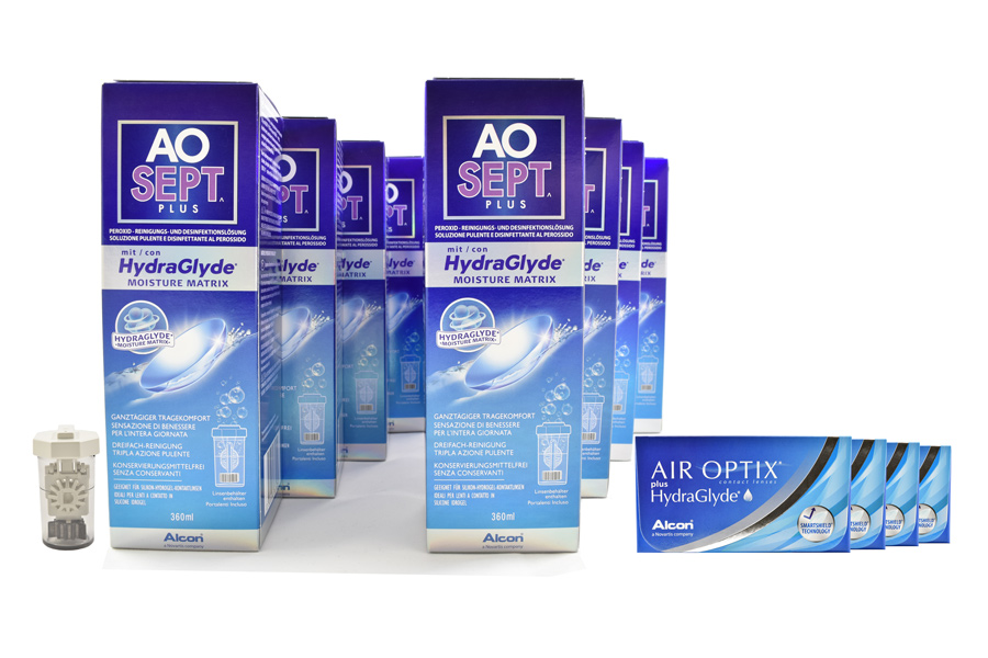 Sparpakete Kontaktlinsen mit Linsenmitteln Air Optix plus HydraGlyde 4 x 6 Monatslinsen + AoSept Plus HydraGlyde Jahres-Sparpaket
