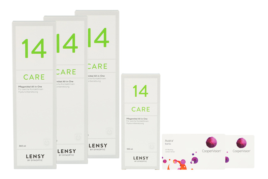 Sparpakete Kontaktlinsen mit Linsenmitteln Avaira toric Vitality 2 x 6 Monatslinsen + Lensy Care 14 Halbjahrespaket