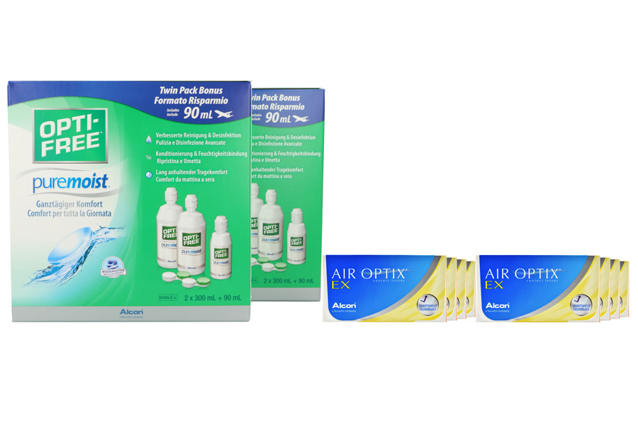 Sparpakete Kontaktlinsen mit Linsenmitteln Air Optix EX 8 x 3 Monatslinsen + Opti Free Pure Moist Jahres-Sparpaket
