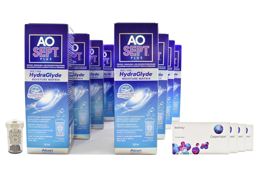 Sparpakete Kontaktlinsen mit Linsenmitteln Biofinity 4 x 6 Monatslinsen + AoSept Plus HydraGlyde Jahres-Sparpaket