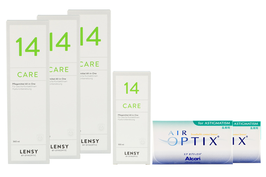 Sparpakete Kontaktlinsen mit Linsenmitteln Air Optix for Astigmatism 2 x 6 Monatslinsen + Lensy Care 14 Halbjahres-Sparpaket