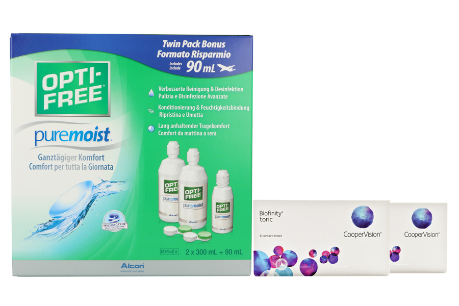Sparpakete Kontaktlinsen mit Linsenmitteln Biofinity toric 2 x 6 Monatslinsen + Opti Free Pure Moist Halbjahres-Sparpaket