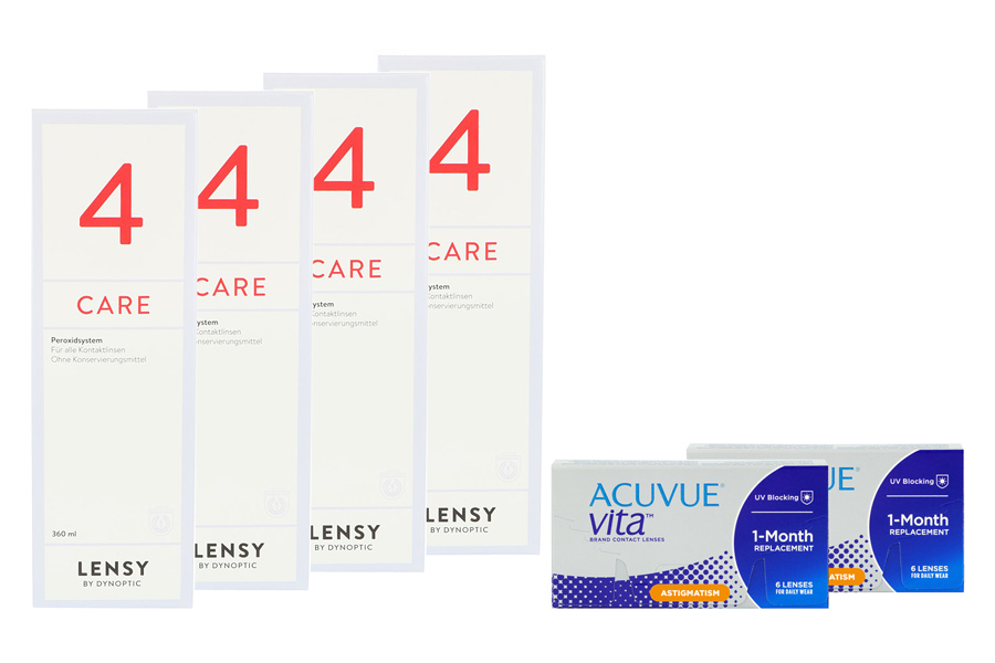 Sparpakete Kontaktlinsen mit Linsenmitteln Acuvue Vita for Astigmatism 2 x 6 Monatslinsen + Lensy Care 4 Halbjahres-Sparpaket