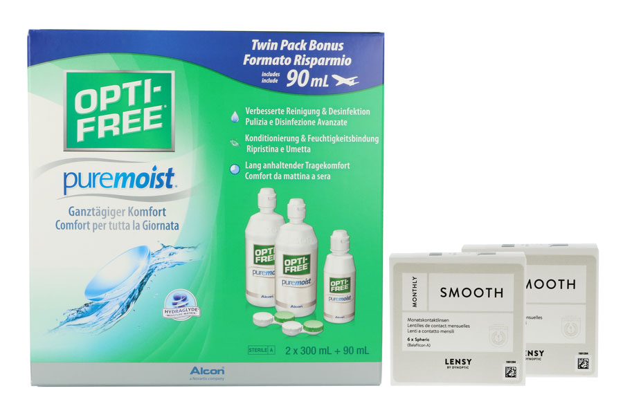 Sparpakete Kontaktlinsen mit Linsenmitteln Lensy Monthly Smooth Spheric 2 x 6 Monatslinsen + Opti Free Pure Moist Halbjahres-Sparpaket