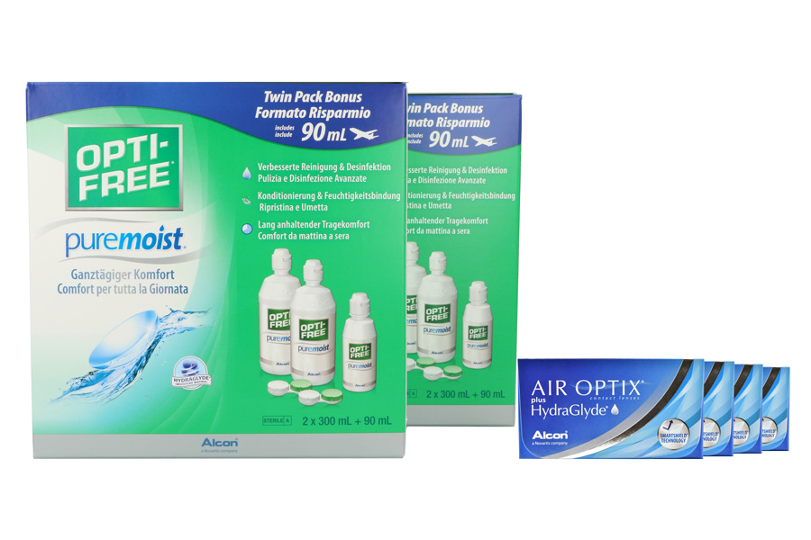 Sparpakete Kontaktlinsen mit Linsenmitteln Air Optix plus HydraGlyde 4 x 6 Monatslinsen + Opti Free Pure Moist Jahres-Sparpaket